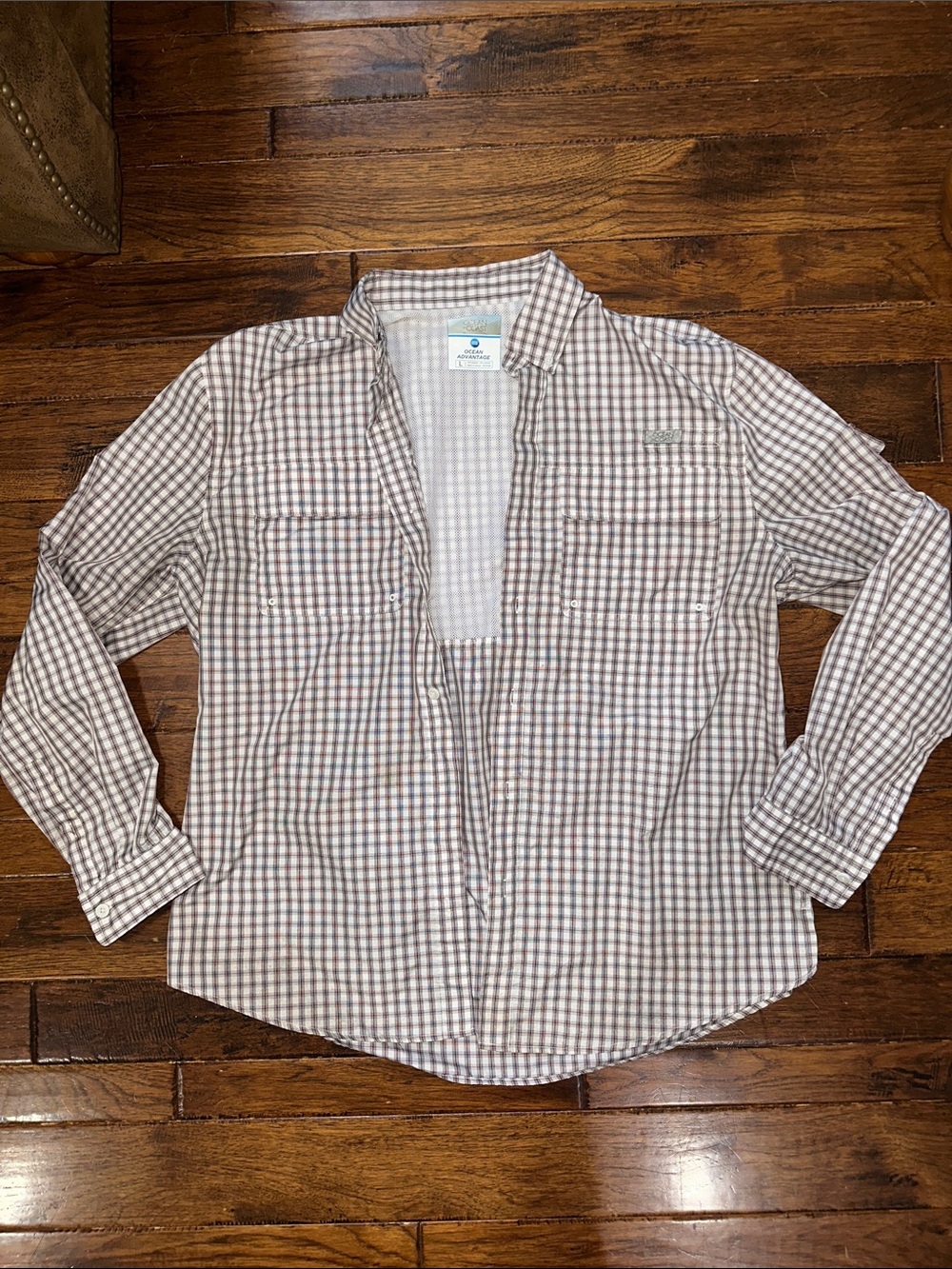 Ocean + Coast Men's Mesh Plaid Polyester Button-Up Shirt in Maroon/White size L
